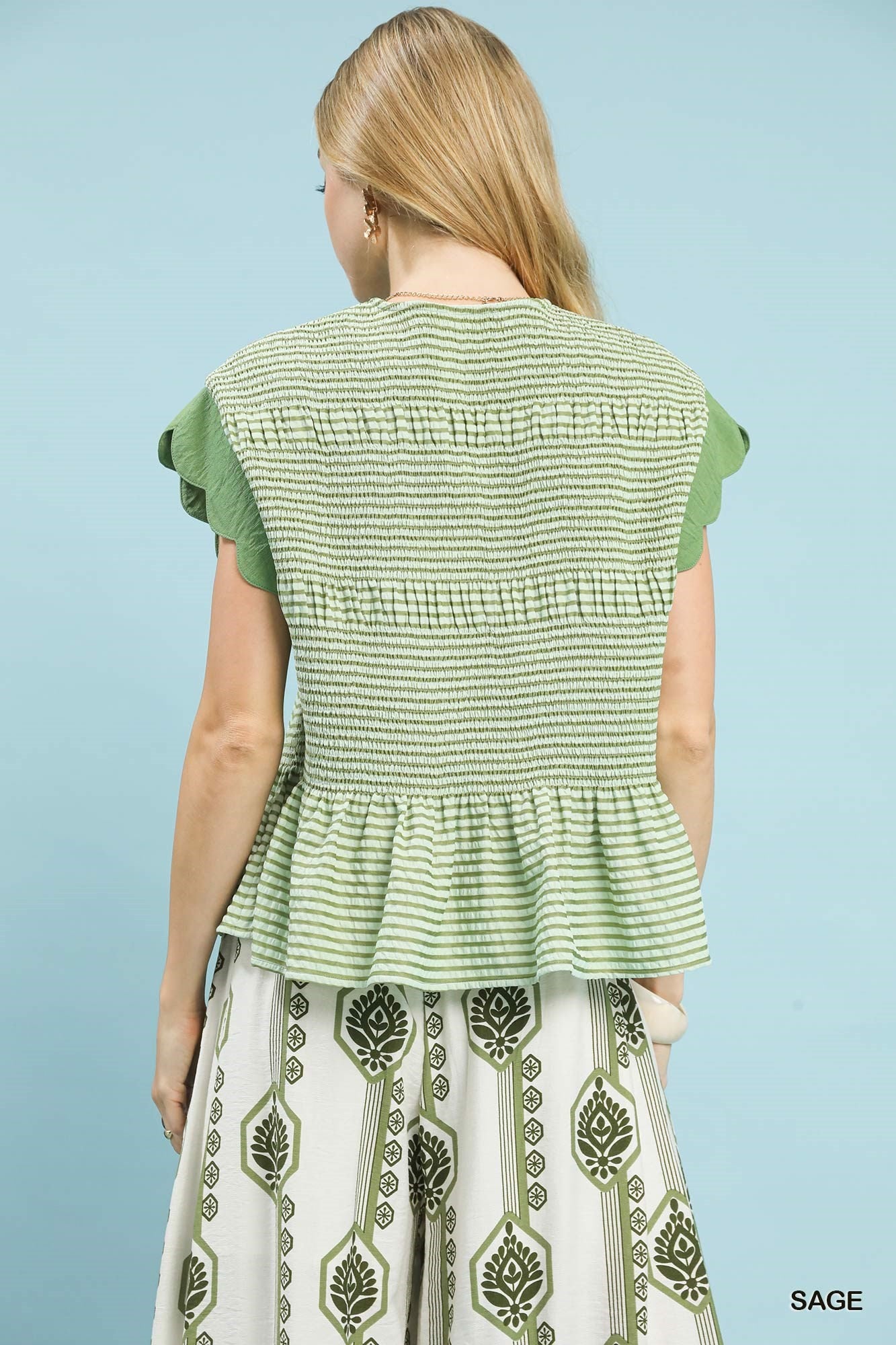 Umgee Stripe Ruffle Sleeve Peplum Top-Sage