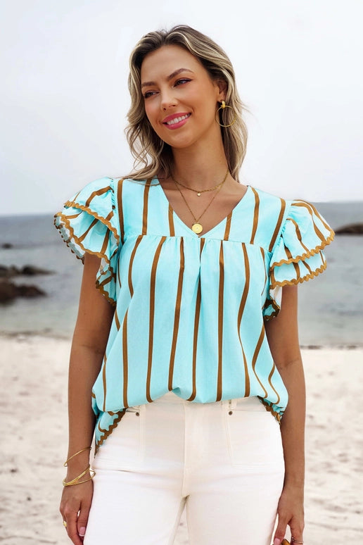 Ricrac Trim Double Ruffled Short Sleeve V Neck Blouse