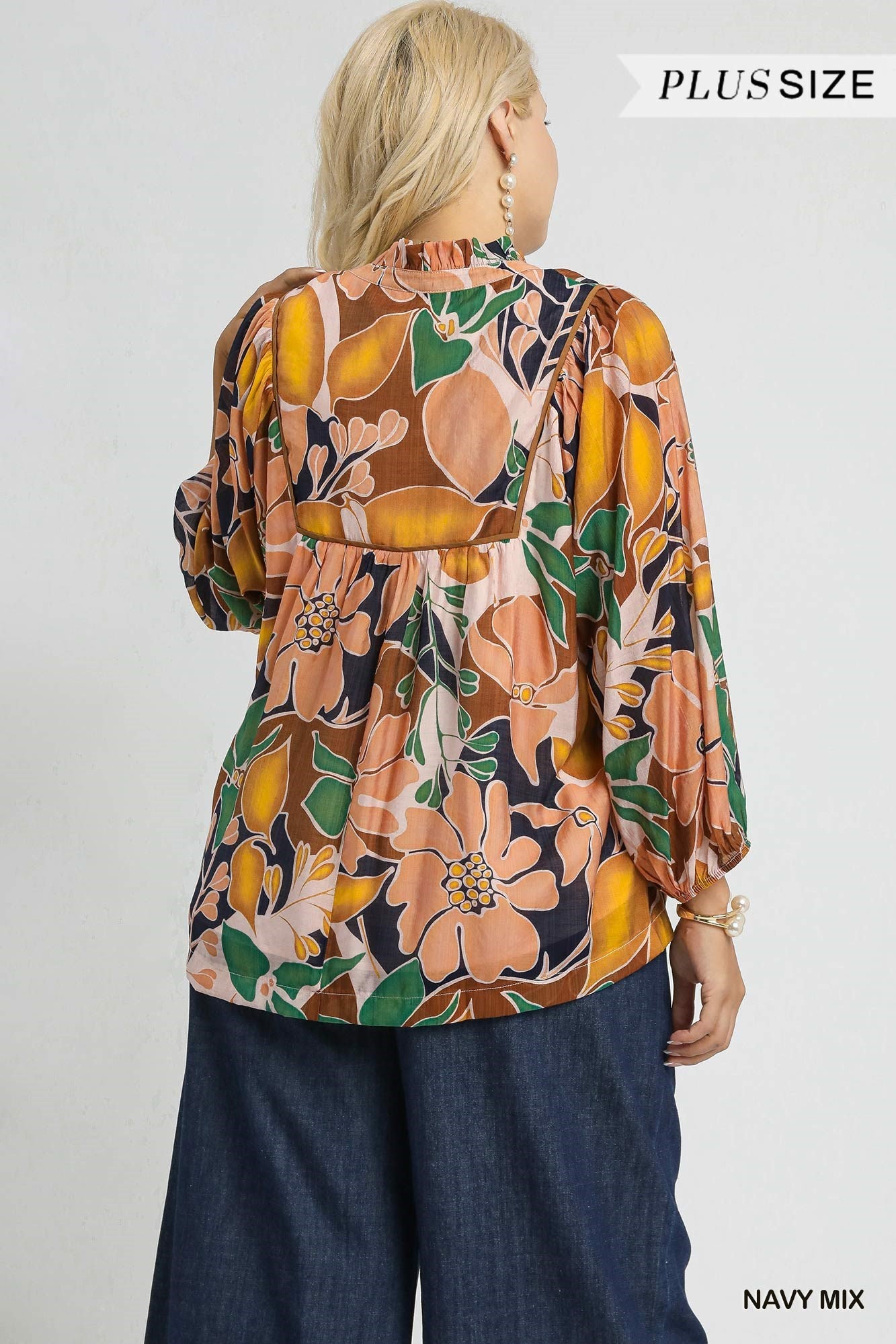 Umgee Multicolor Abstract Floral Print Blouse with Ruffle Neck
