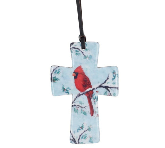 burton + BURTON MANGO WOOD CROSS ORNAMENT WITH CARDINAL