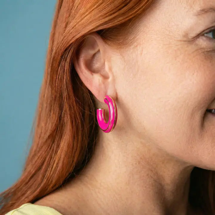 Jane Marie Hot Pink Enamel Hoop with Gold Stripe Accent Earring