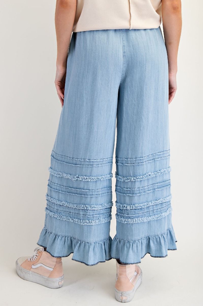 EASEL SELF FRAY WASHED CHAMBRAY PANTS