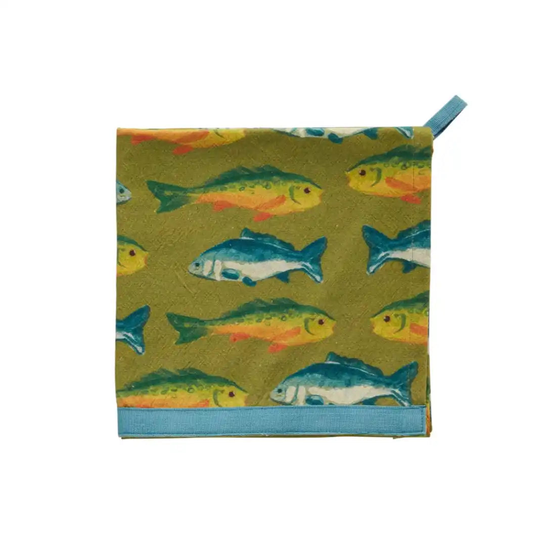 MUD PIE GREEN FISH PATTERNED TOWEL