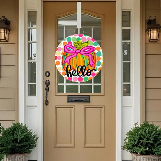 Baxter & Me Happy Dot Pink Ribbon Pumpkin Door Hanger
