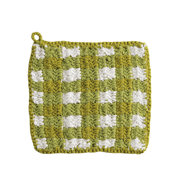 MUD PIE GREEN CHECK CROCHET POT HOLDER
