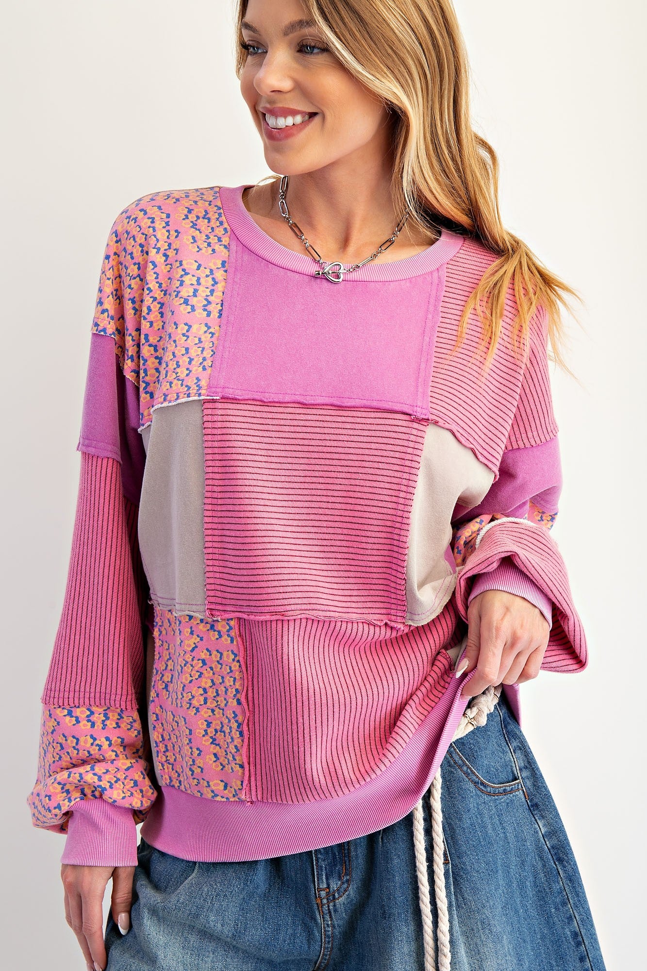 EASEL PATCHWORK WASHED TERRY PULLOVER
