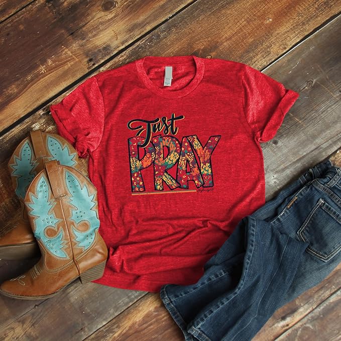 Southern Couture Highway 828 Just Pray Flowers Red Cotton Fashion T-Shirt