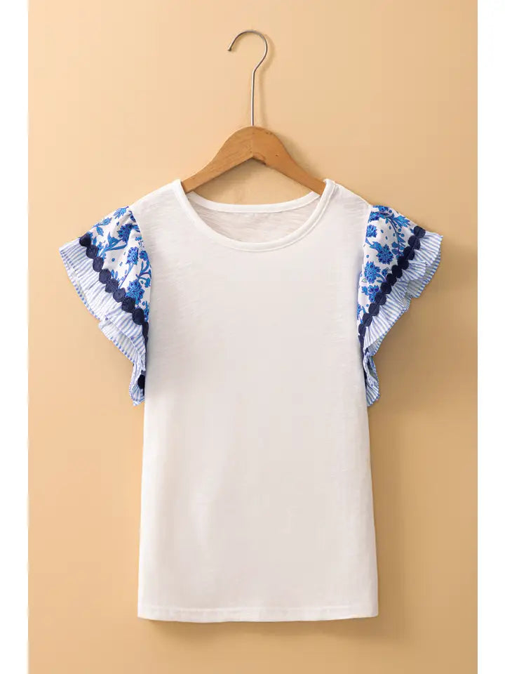 Ricrac Trim Printed Flutter Sleeve Contrast Patchwork Blouse
