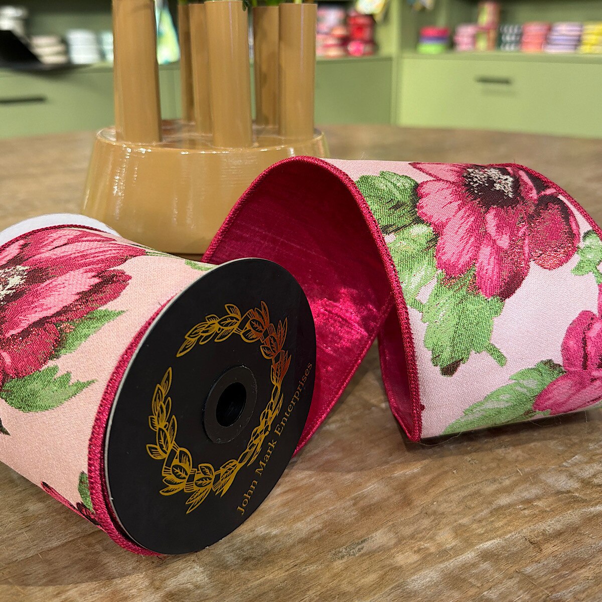 John Mark Enterprises Floral Metallic Jacq Fused Fuschia/Green-2.5x5yd