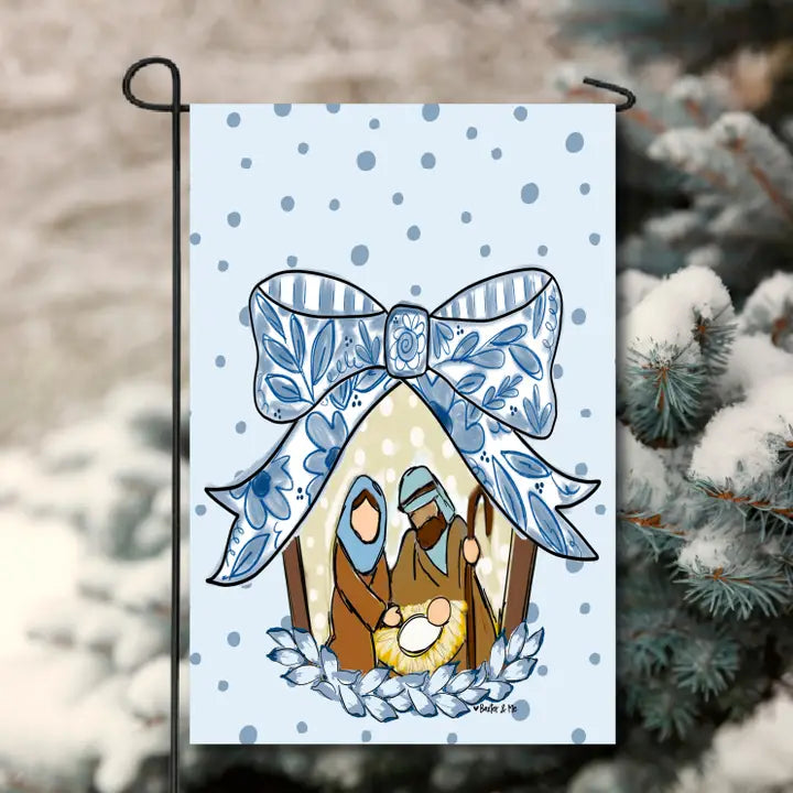 Baxter & Me Blue Ribbon Bow Nativity Garden Flag