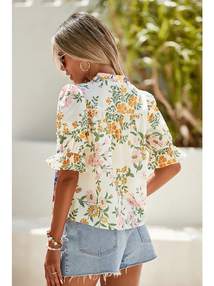 V Neck Half Sleeve Boho Floral Blouse