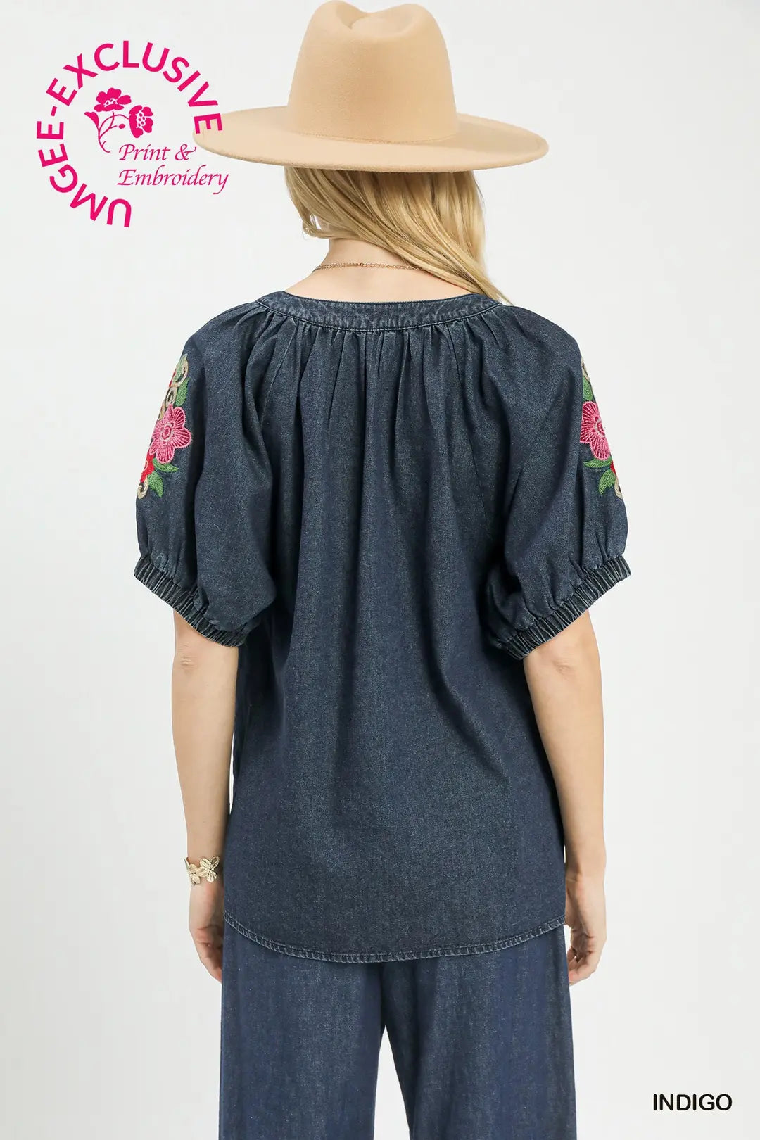 Umgee Denim Embroidered Puff Sleeve Boho Top