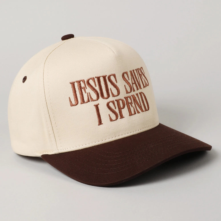 Jesus Saves I Spend Embroidery Trucker Hat-Brown