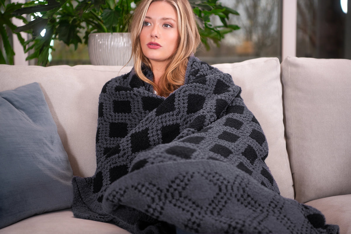 Amanda Blu Plush Diamond Throw Blanket | Soft Luxurious Throw-Charcoal