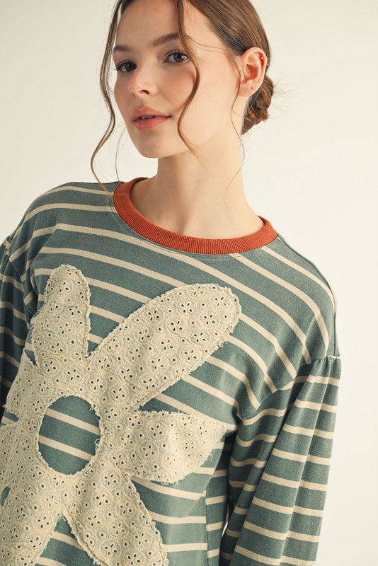 Jodifl Eyelet Floral Patched Stripe Top