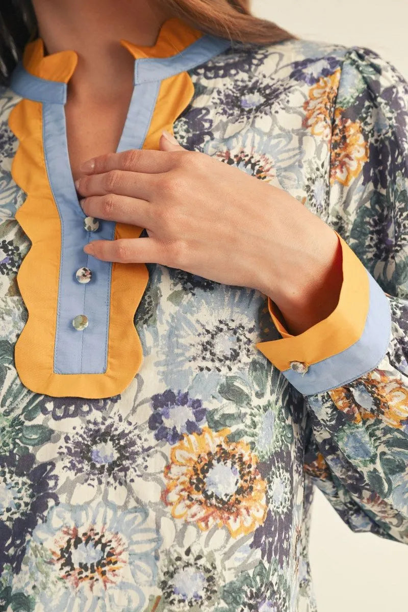 Entro Long Sleeves Notched V Neck Floral Top