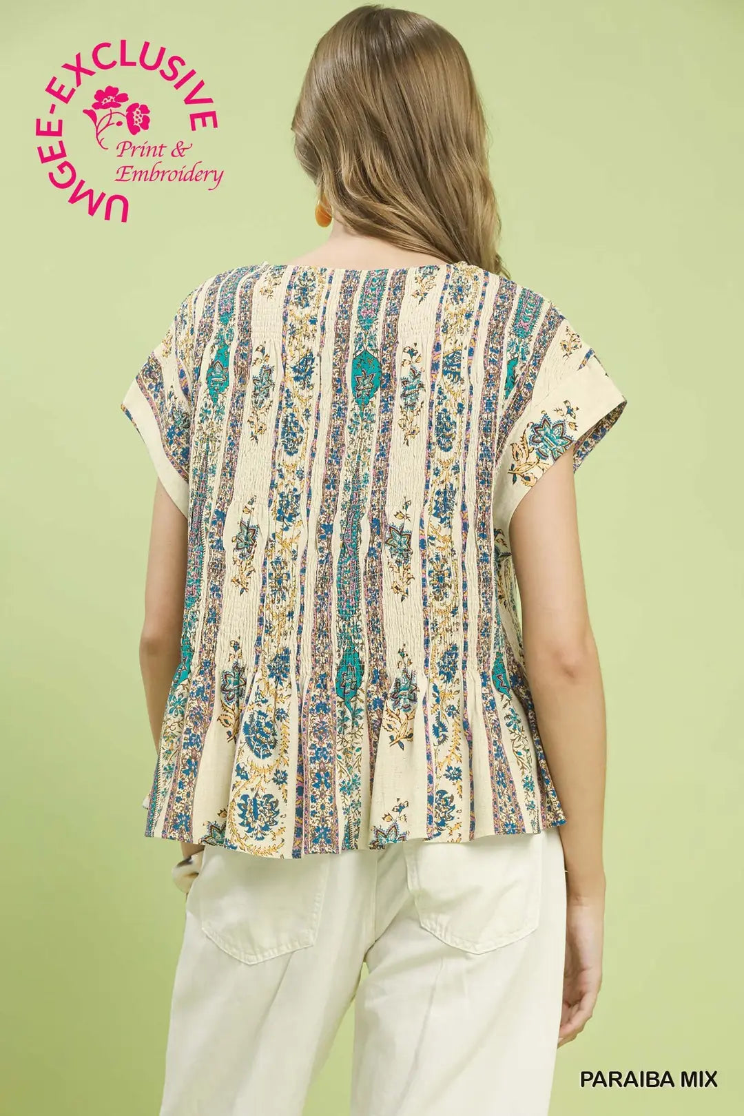 Umgee Linen Printed Cap Sleeve Top