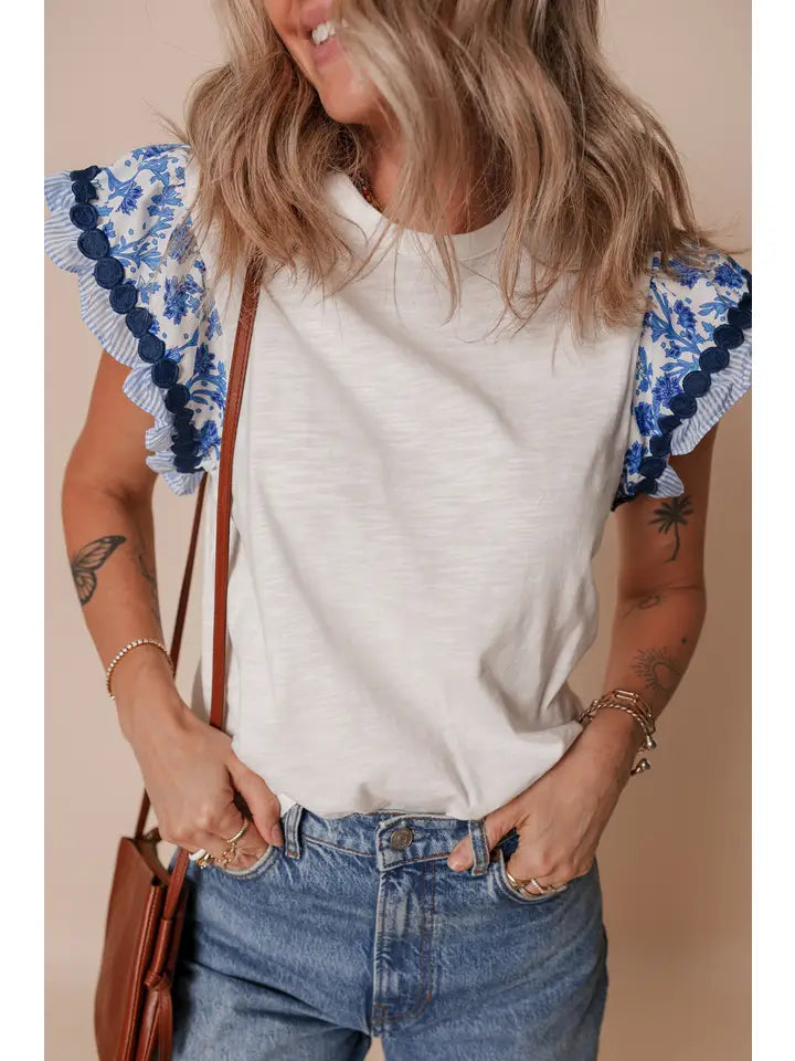Ricrac Trim Printed Flutter Sleeve Contrast Patchwork Blouse