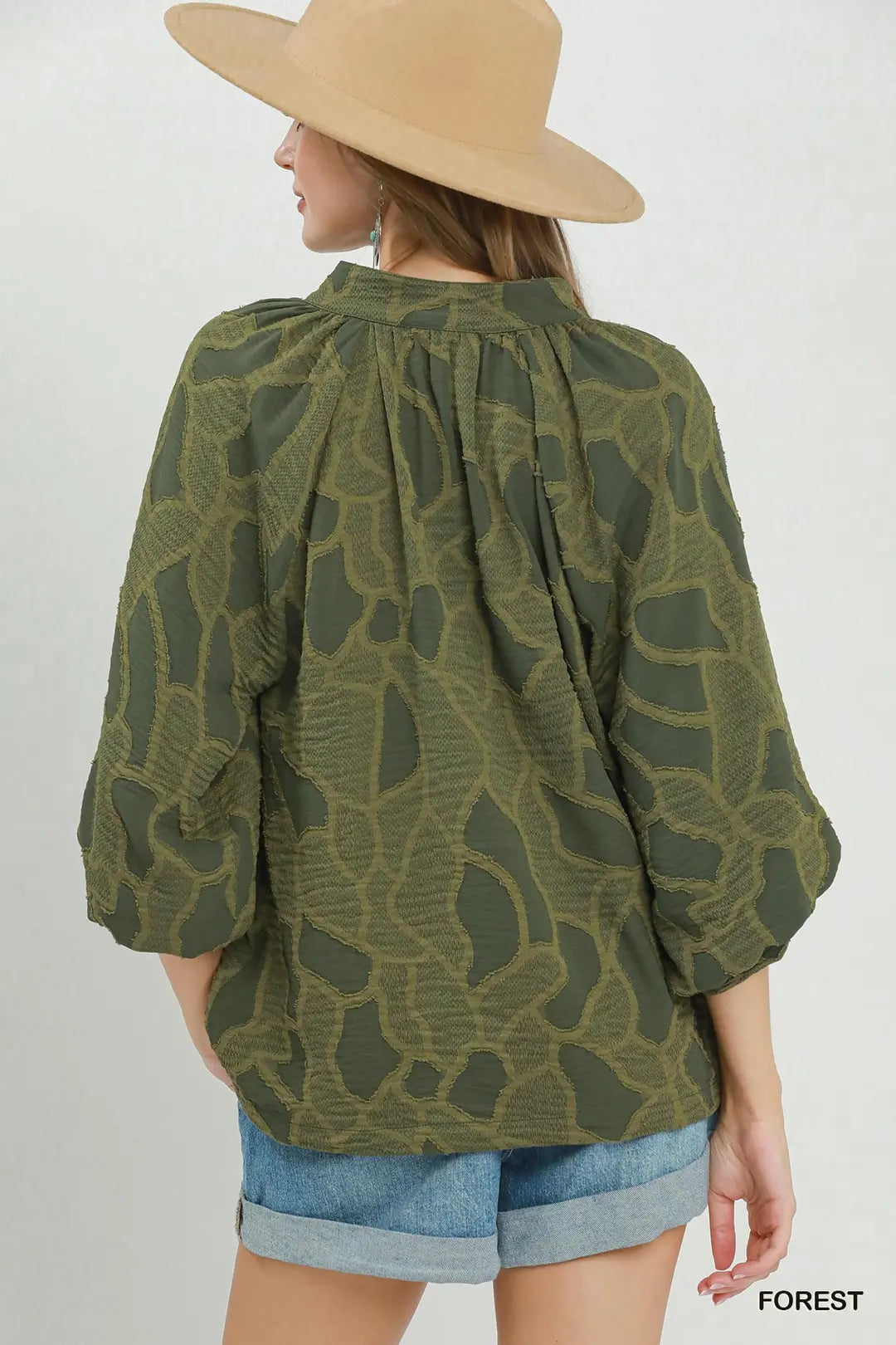 Umgee Floral Textured Split Neck Puff Sleeve Blouse