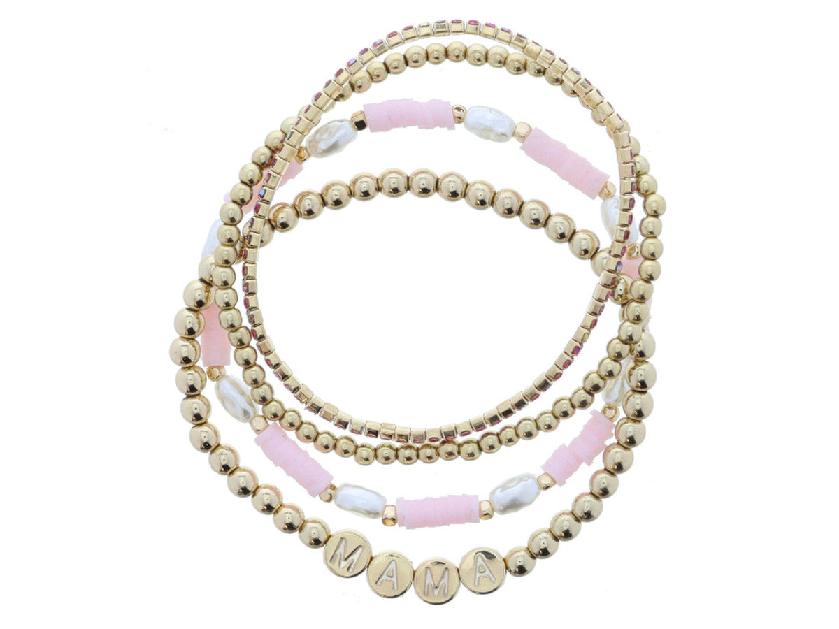 SET OF 4, BALL, PINK AB CRYSTALS, BALL WITH "MAMA", OVAL PEARLS & PINK RUBBER SEQUINS BRACELET JANE MARIE