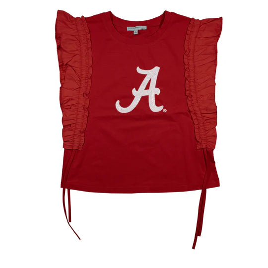 Kickoff Co. Sequin Varsity Ruffle Short Sleeve with Side Ruching in University of Alabama