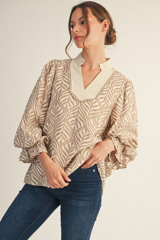 Jodifl Standing Collared Neck Boho Leaf Print Top