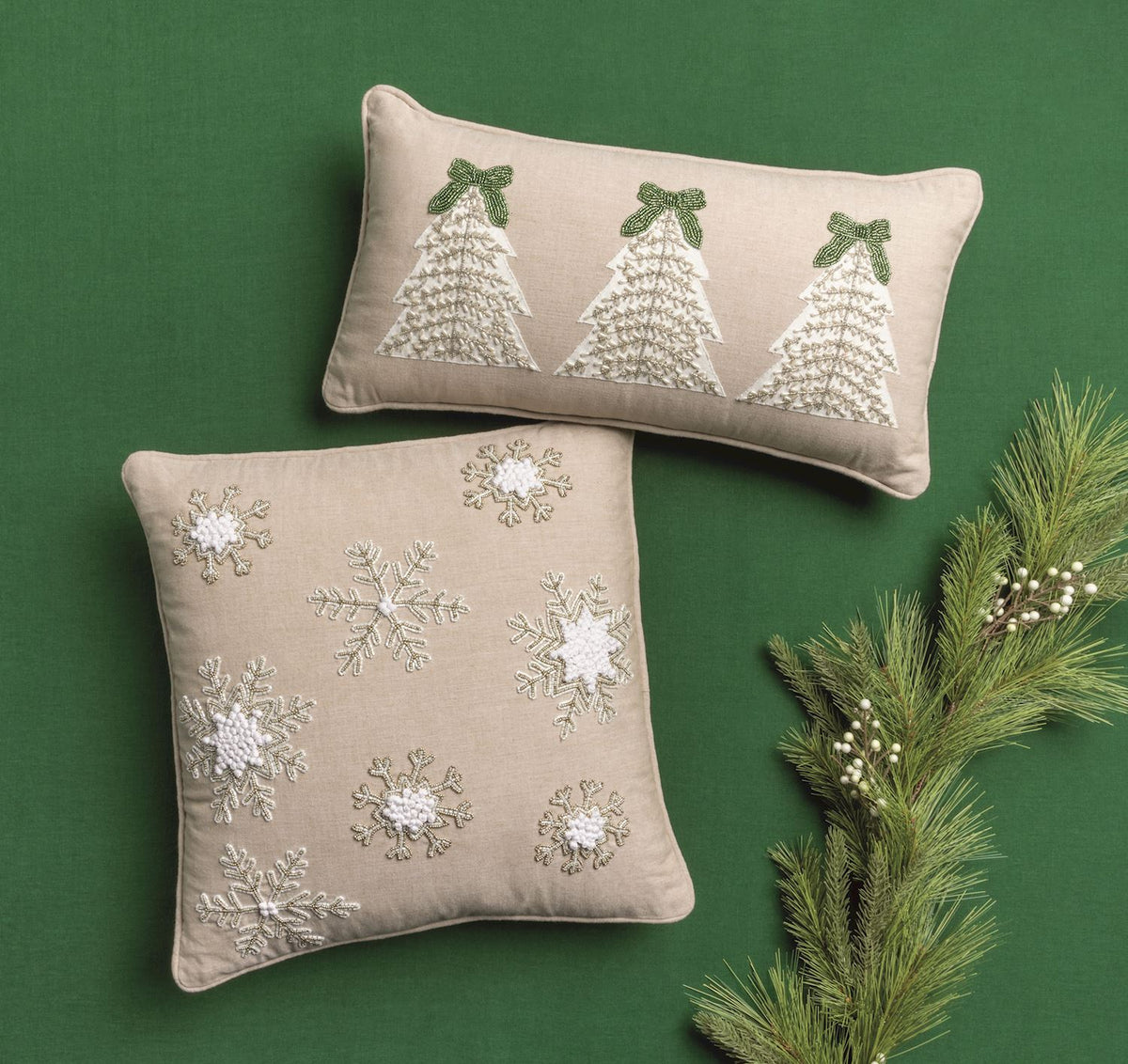MUD PIE LUMBAR WHITE CHRISTMAS BEADED PILLOW