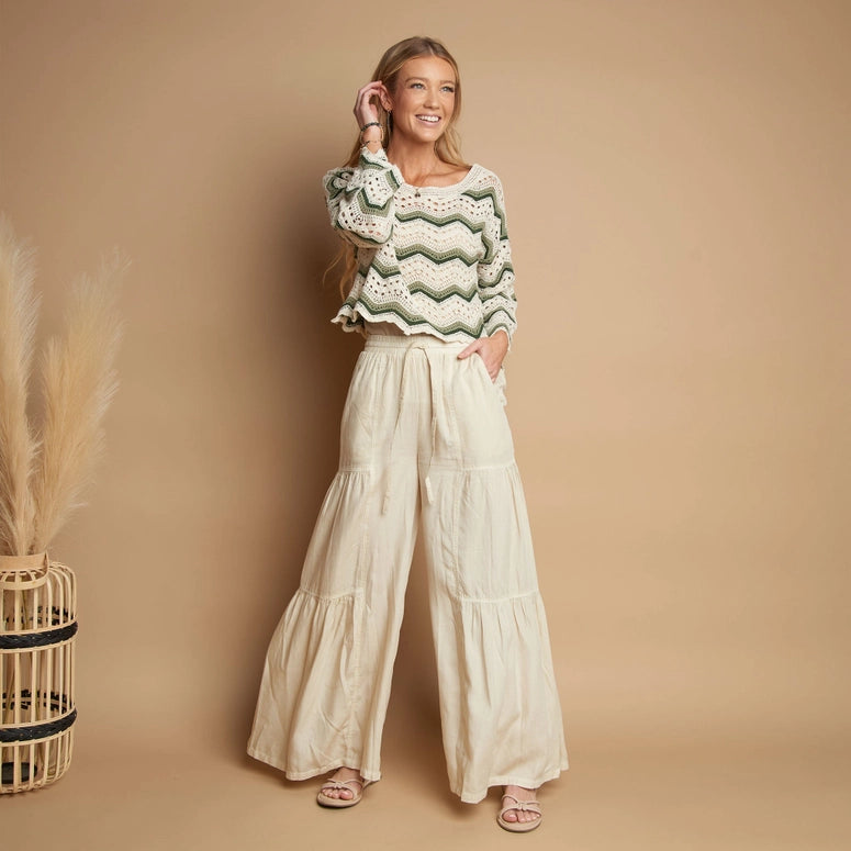 Elsie & Zoey Delaney Wide Leg Tiered Drawstring Chambray Pants