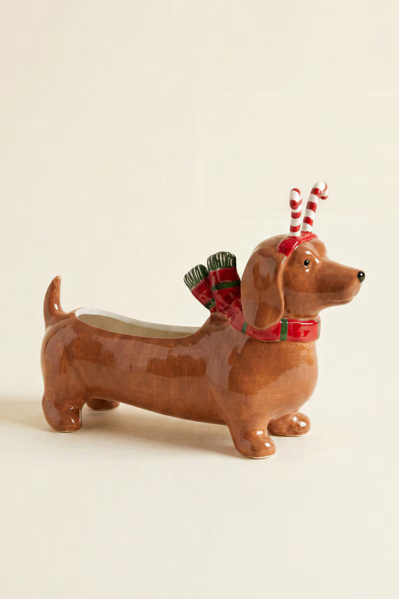Kalalou Ceramic Christmas Dachshund Planter with a Candy Cane Headband