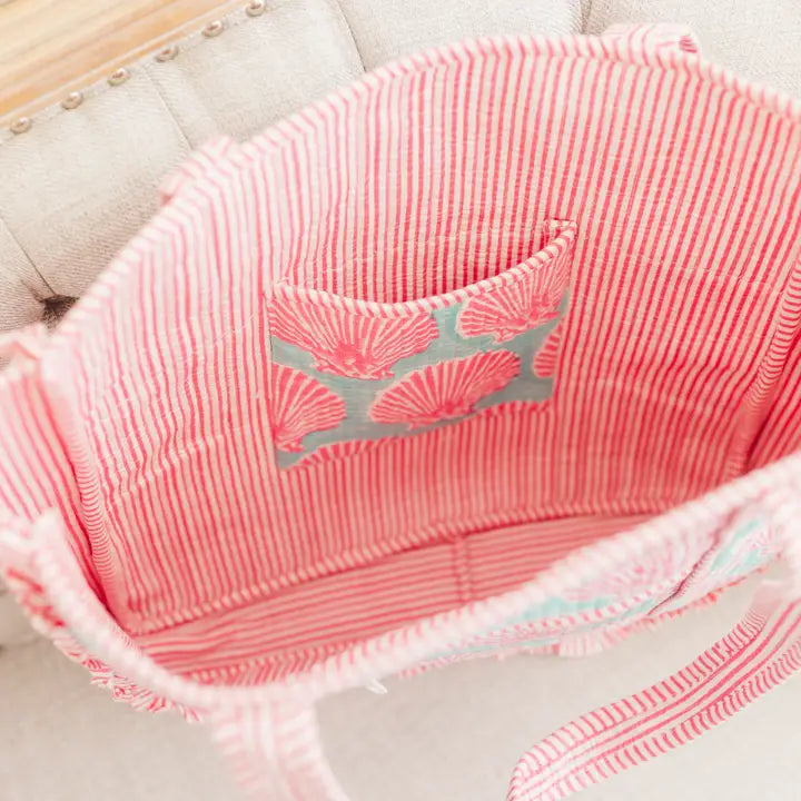 Heart of Grace Sanibel Pink Shell | Large Quilted Ruffle Tote Bag