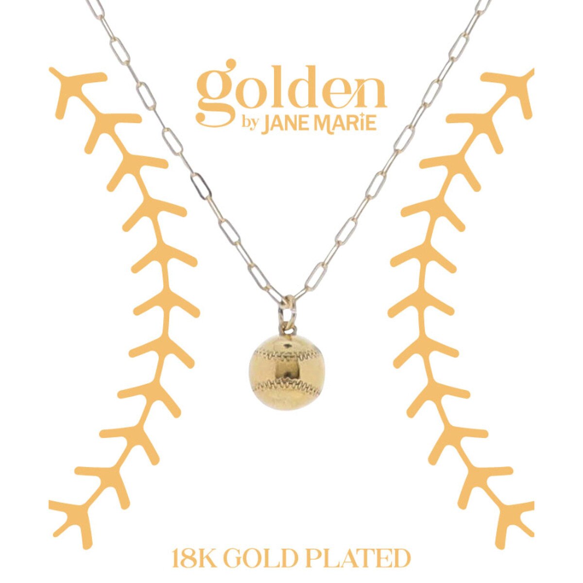 JANE MARIE 16" 18K GOLD PLATED PAPERCLIP CHAIN NECKLACE WITH GOLD BASEBALL PENDANT