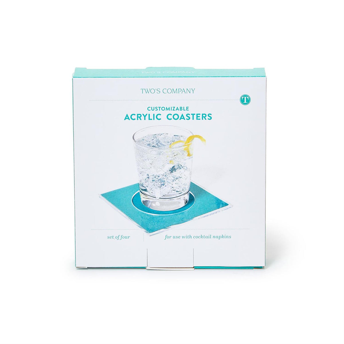 TWO'S COMPANY Set of 4 Clear Cocktail Coasters in Gift Box (features insert slot) - Acrylic
