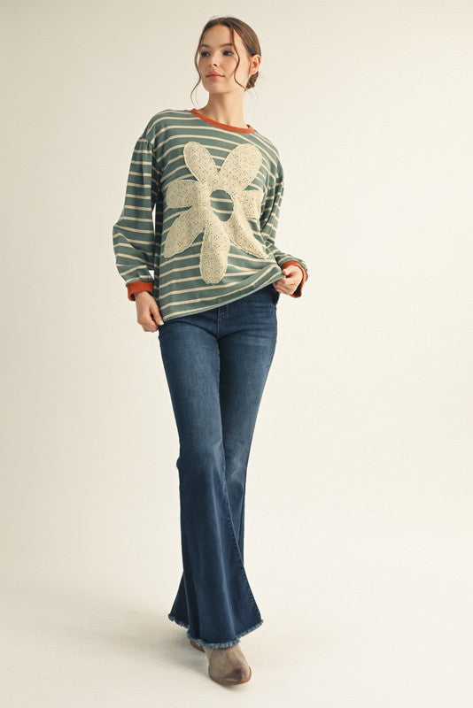 Jodifl Eyelet Floral Patched Stripe Top