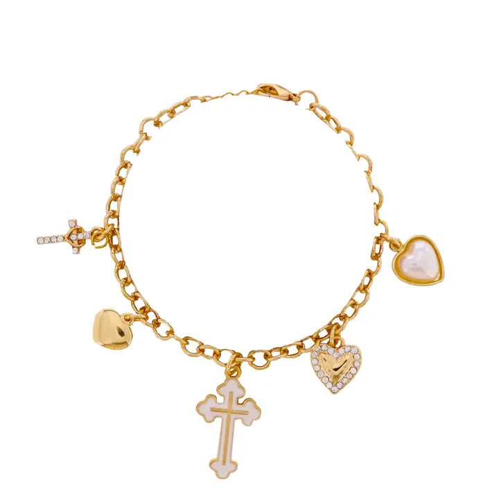 Jane Marie Kids Gold Circle Chain Bracelet with Crosses & Heart Charms
