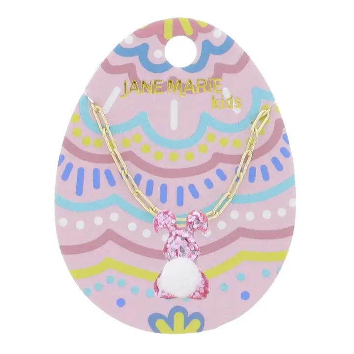 Jane Marie Kids 14" Pink Glitter Bunny with White Pom Tail Necklace