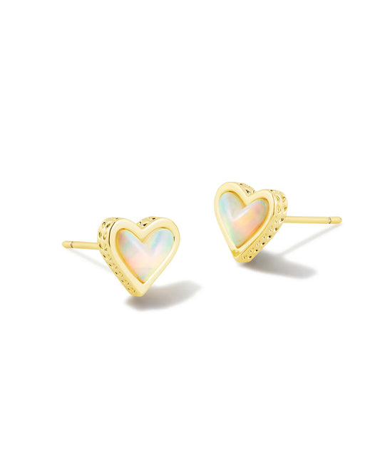 Kendra Scott Framed Ari Heart Gold Stud Earrings in White Opalescent