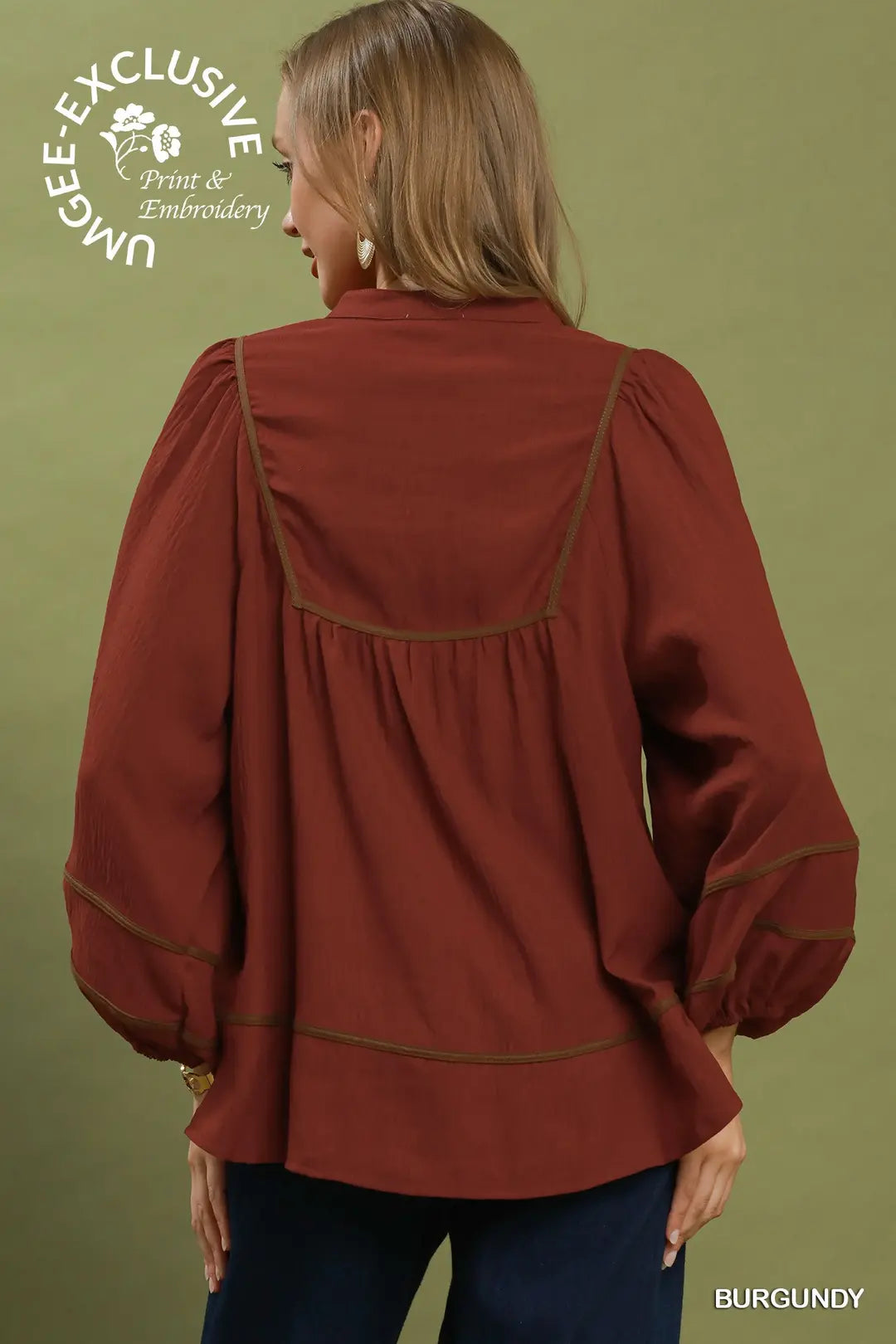 Umgee Floral Embroidered Split Neck Babydoll Blouse-Burgundy
