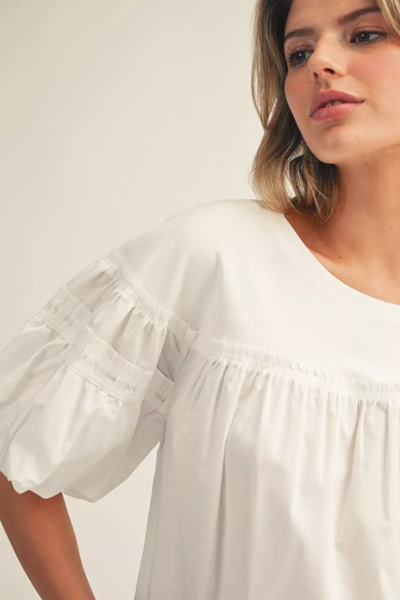 Jodifl Pleat Detail Puff Sleeves Solid Fabric Mix Top