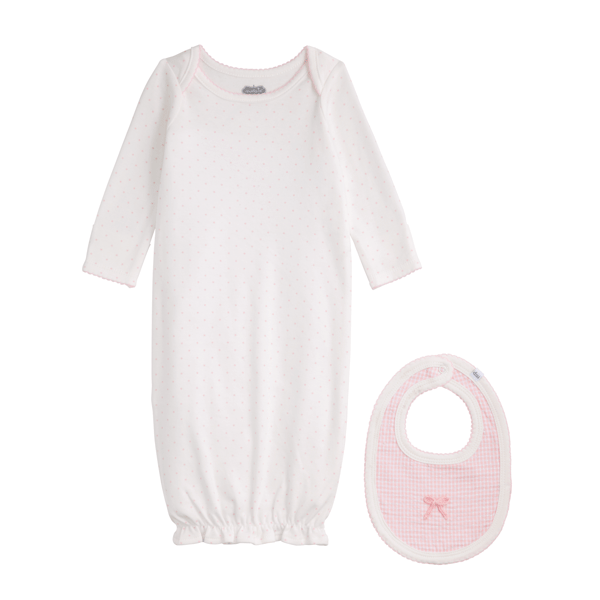 MUD PIE DOTTED GOWN AND GINGHAM BIB SET-0-3 MONTHS
