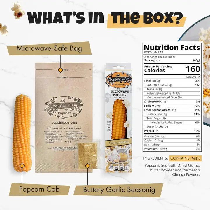 Poppin' Cobs Popcorn On the Cob with Buttery Garlic Seasoning