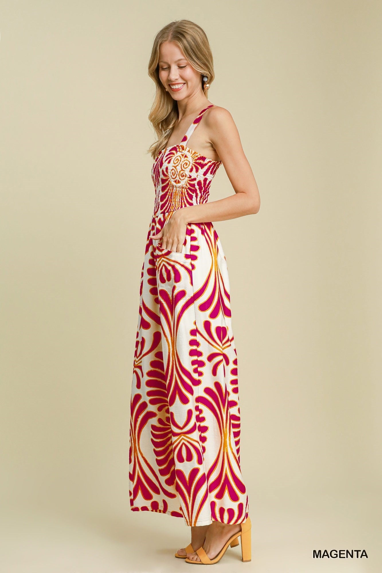 Umgee Printed Smocked Jumpsuit