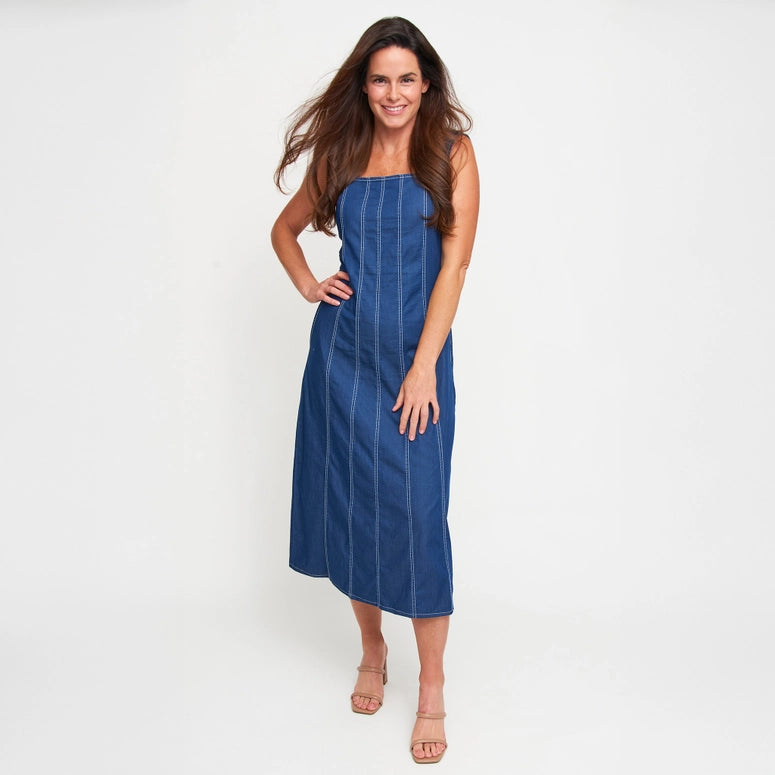 Elsie & Zoey Midi Dress Elle Sleeveless Stretch Denim Square Neck