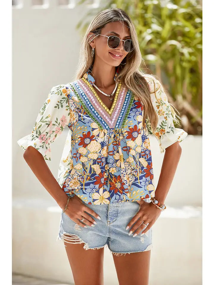 V Neck Half Sleeve Boho Floral Blouse