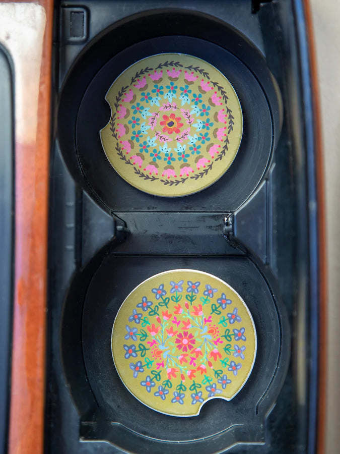 Natural Life Car Coasters, Set of 2-Flower Borders