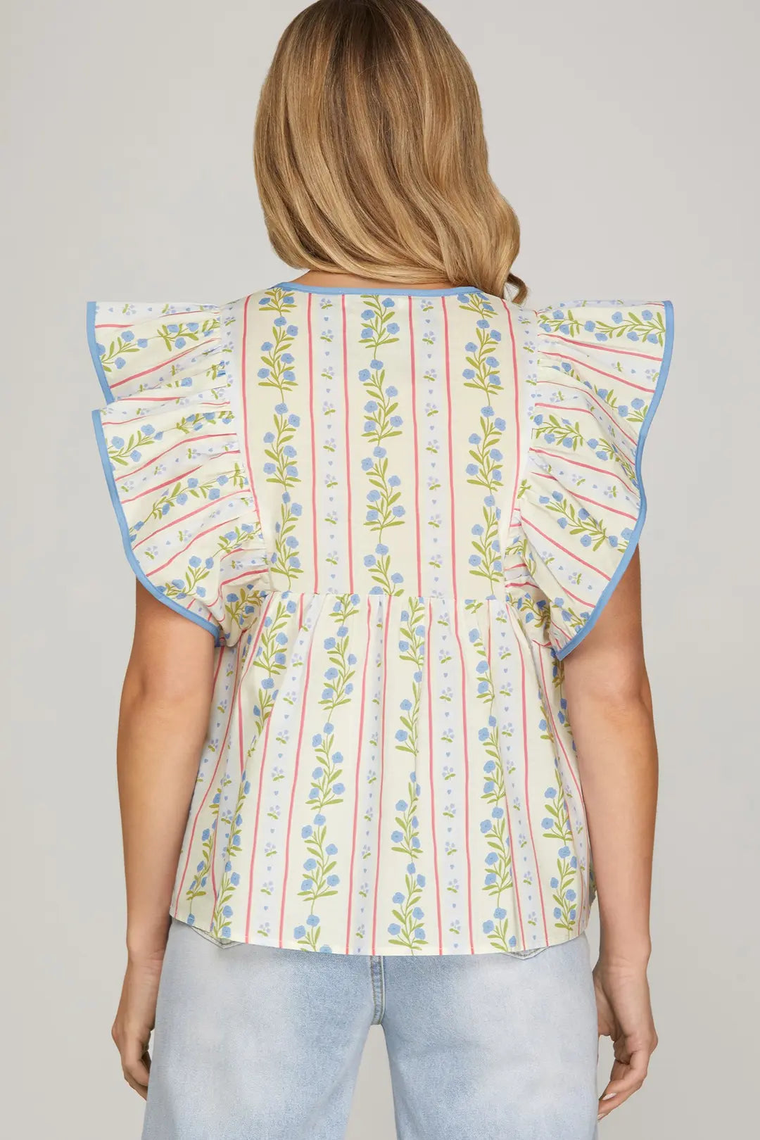 SHE + SKY RUFFLE SLEEVE PRINTED TOP-BLUE