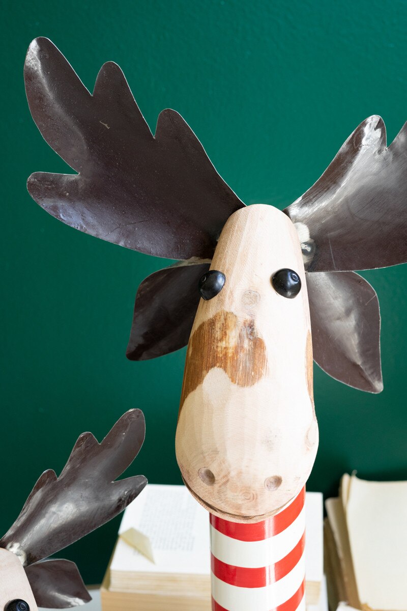 Kalalou Recycled Iron Moose with Red & White Painted Wood Bases