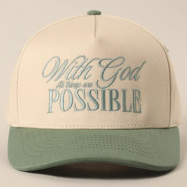 With God All Possible Embroidery Baseball Cap-Sage