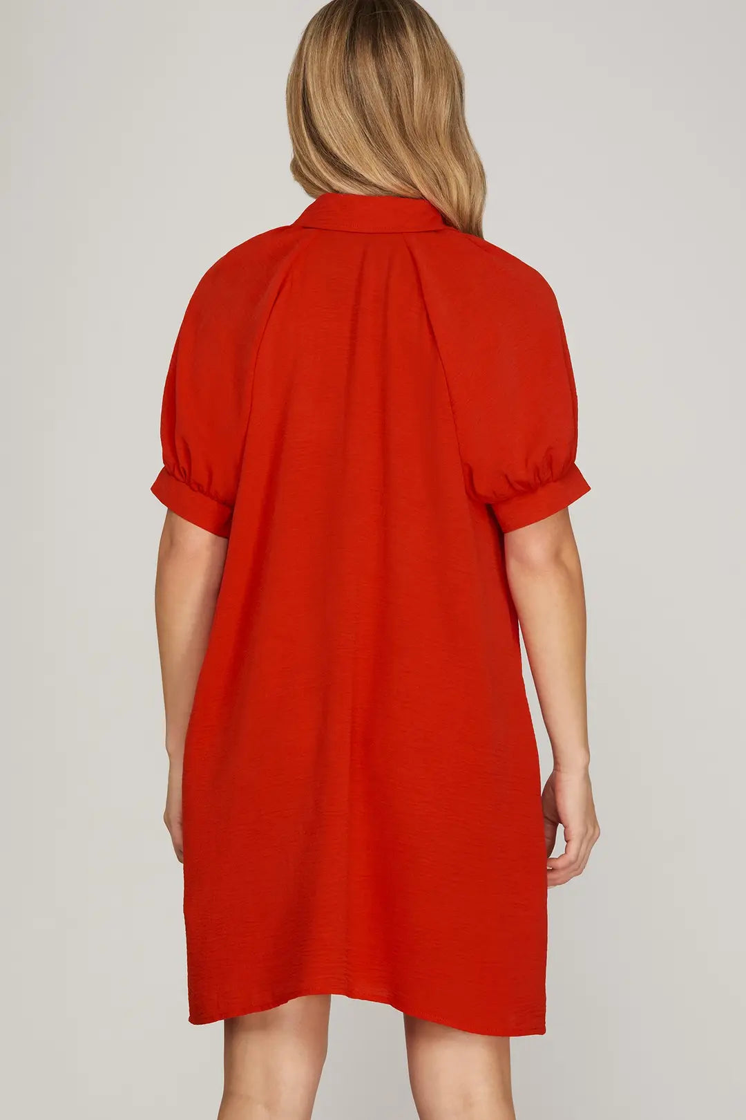 SHE + SKY SHORT SLEEVE BUTTON DOWN MINI DRESS WITH POCKETS-RED