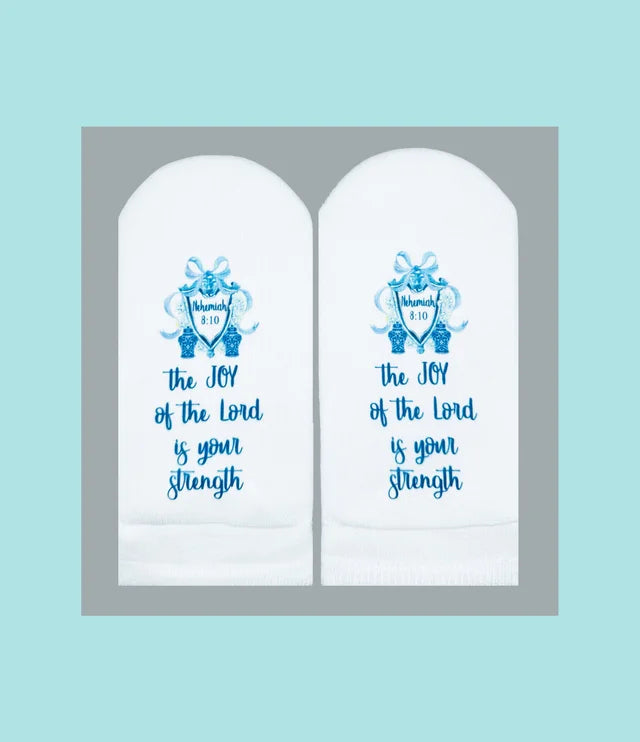 Standing on the Word Socks Crest with verse: Nehemiah 8:10 Joy of the Lord