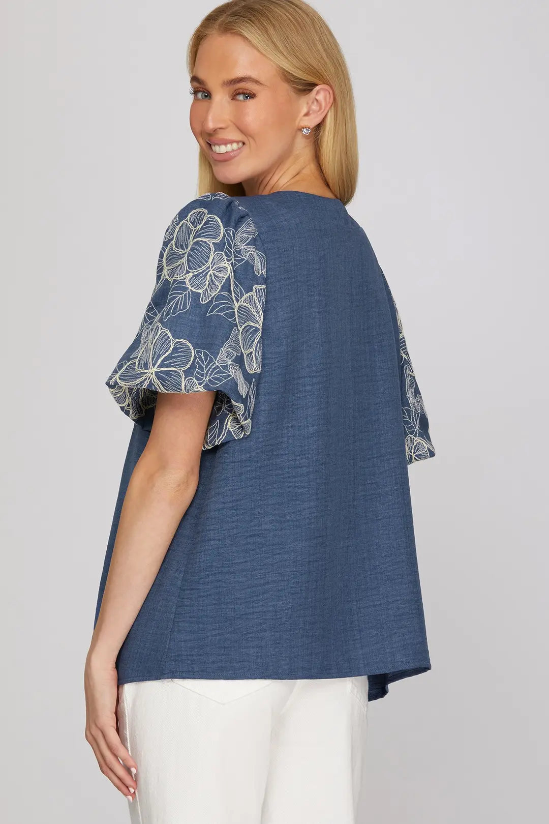 SHE + SKY SHORT EMBROIDERED PUFF SLEEVE WOVEN TOP